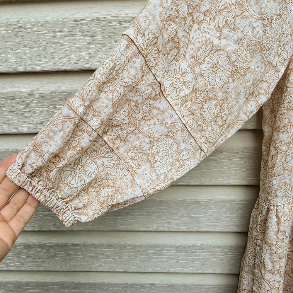 Magaschoni Linen Dress M Beige Floral Boho Prairie Smocked Tassel Midi Romantic - Picture 5 of 7